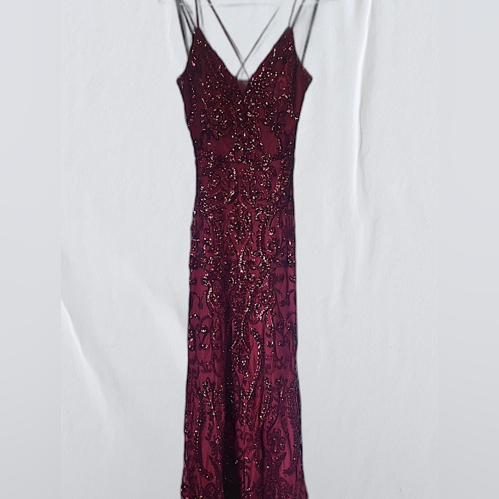 Burgandy Sparkly Prom Dress with Lace Up Back.